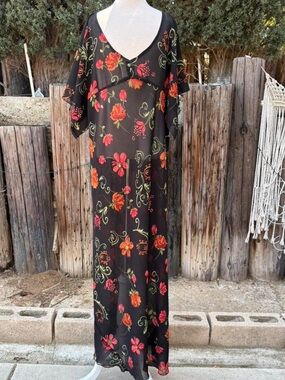 Y2K 90S Grunge Black and Red Floral Mesh Floral Maxi Dress with Sequins & Beads